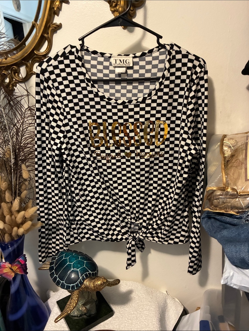 TMG Black & White Checkered Long Sleeve Tie-Front Top